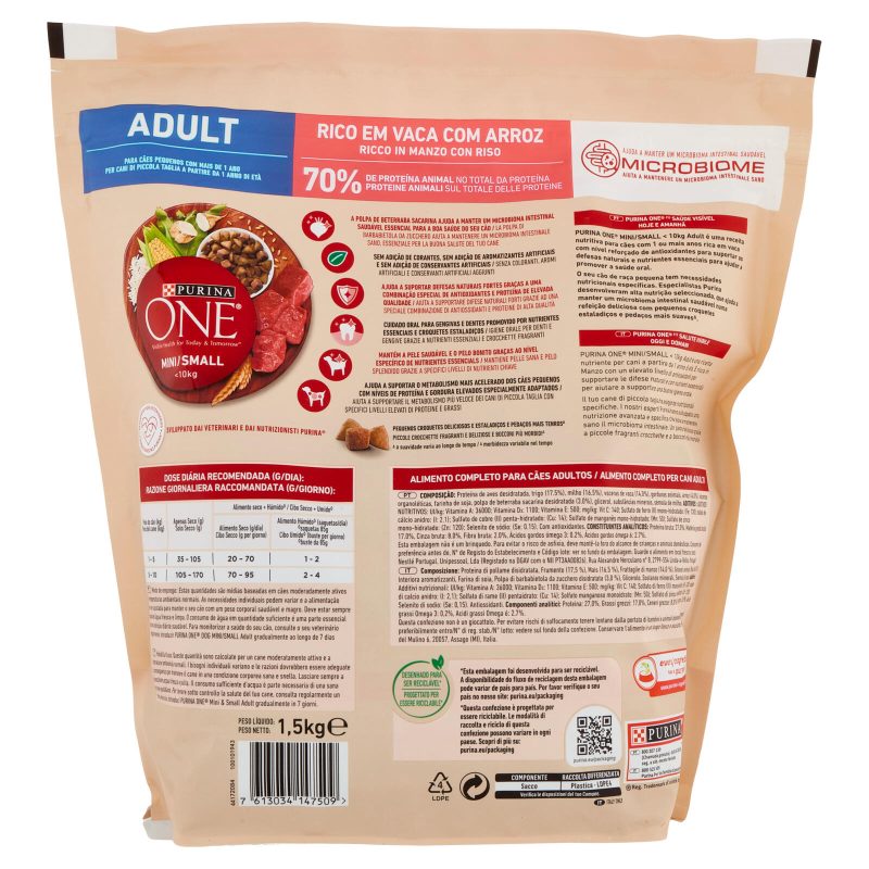 PURINA ONE Mini/Small Adult Ricco in Manzo con Riso 1,5 kg