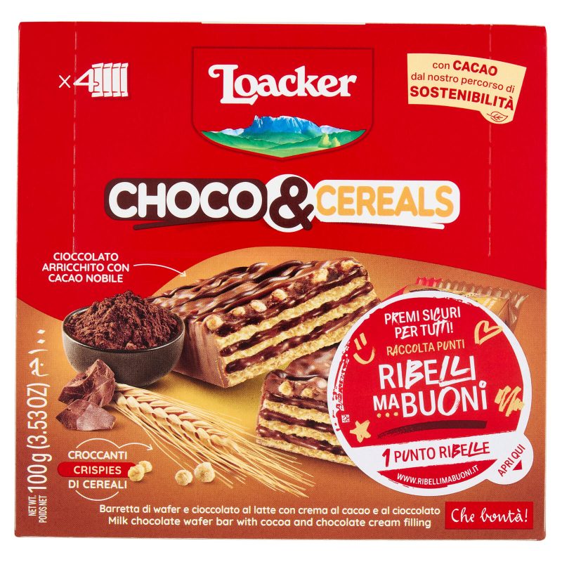 Loacker Choco & Cereals Barrette di Wafer e Cioccolato al Latte con crema al Cioccolato 25gx4