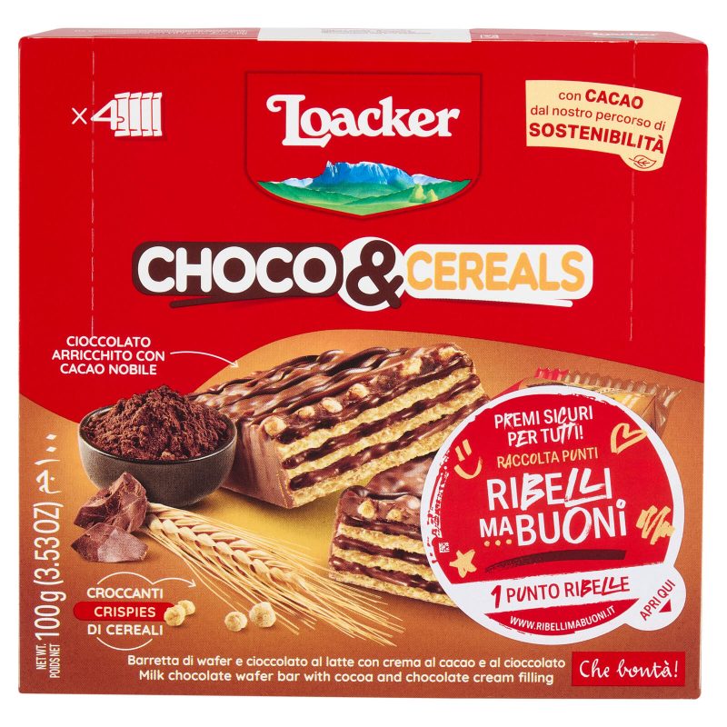 Loacker Choco & Cereals Barrette di Wafer e Cioccolato al Latte con crema al Cioccolato 25gx4