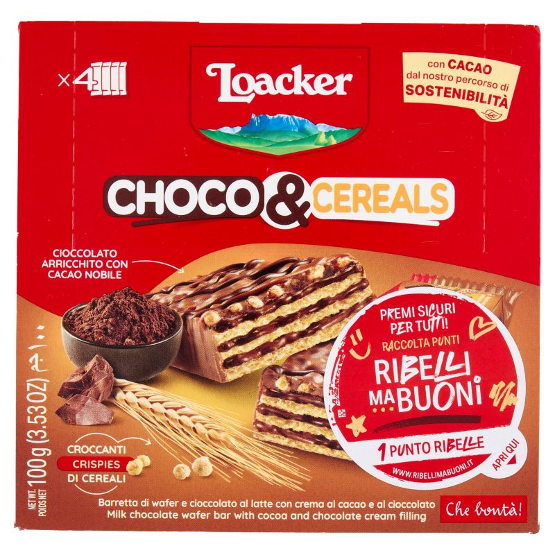 Loacker Choco & Cereals Barrette di Wafer e Cioccolato al Latte con crema al Cioccolato 25gx4