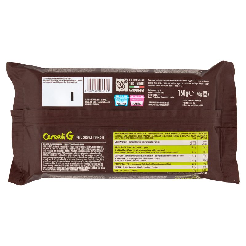 Galbusera Cereali G Integrali Farciti con Crema Gianduia Nero 4 x 40 g