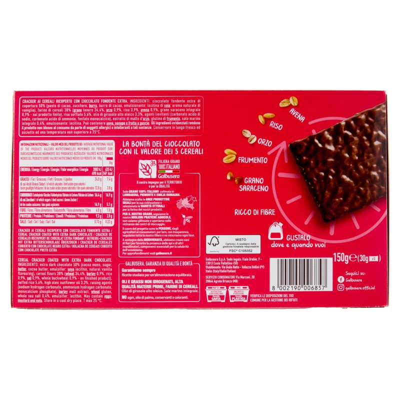 Galbusera Cereali G Cracker con Riso Soffiato Extra Fondente 5 x 30 g