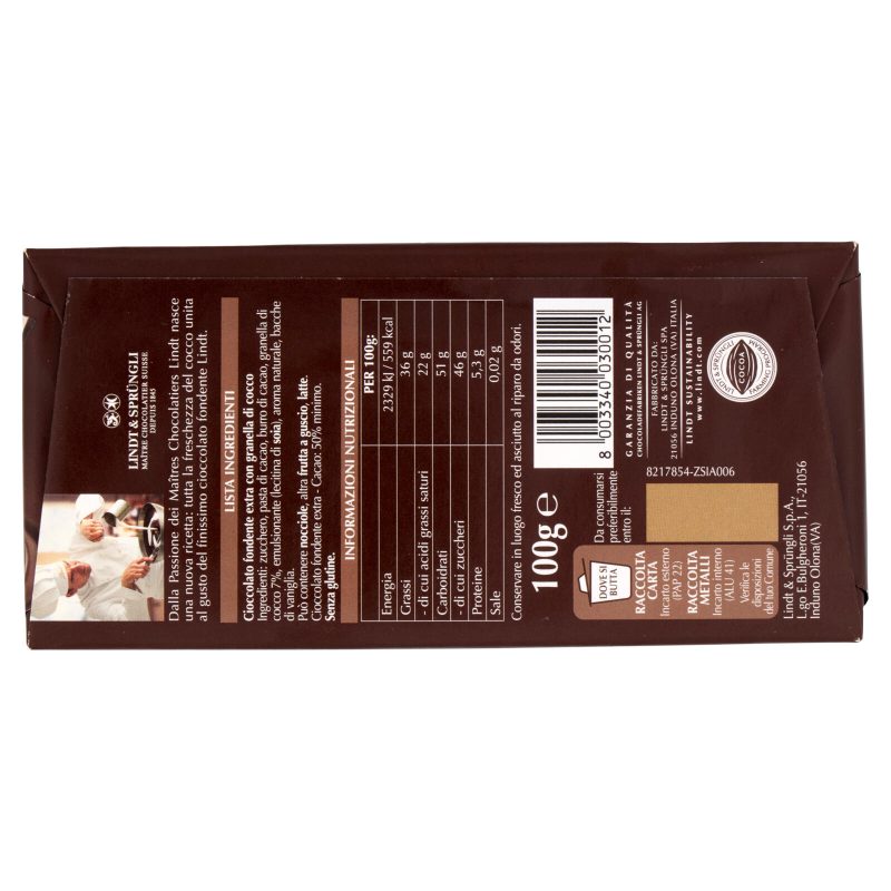 Lindt Gamme Bleue Tavoletta Cioccolato Fondente Cocco 100 g