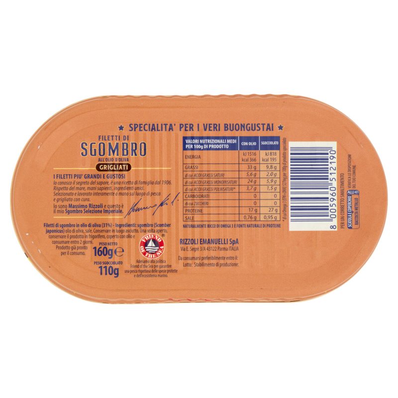 Rizzoli Filetti di Sgombro all'Olio d'Oliva Grigliati Selezione Imperiale 160 g