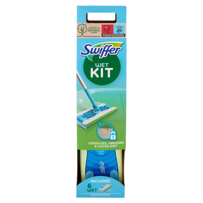 Swiffer Wet Kit - Scopa + 6 Panni Umidi Lavapavimenti con Detersivo Pavimenti