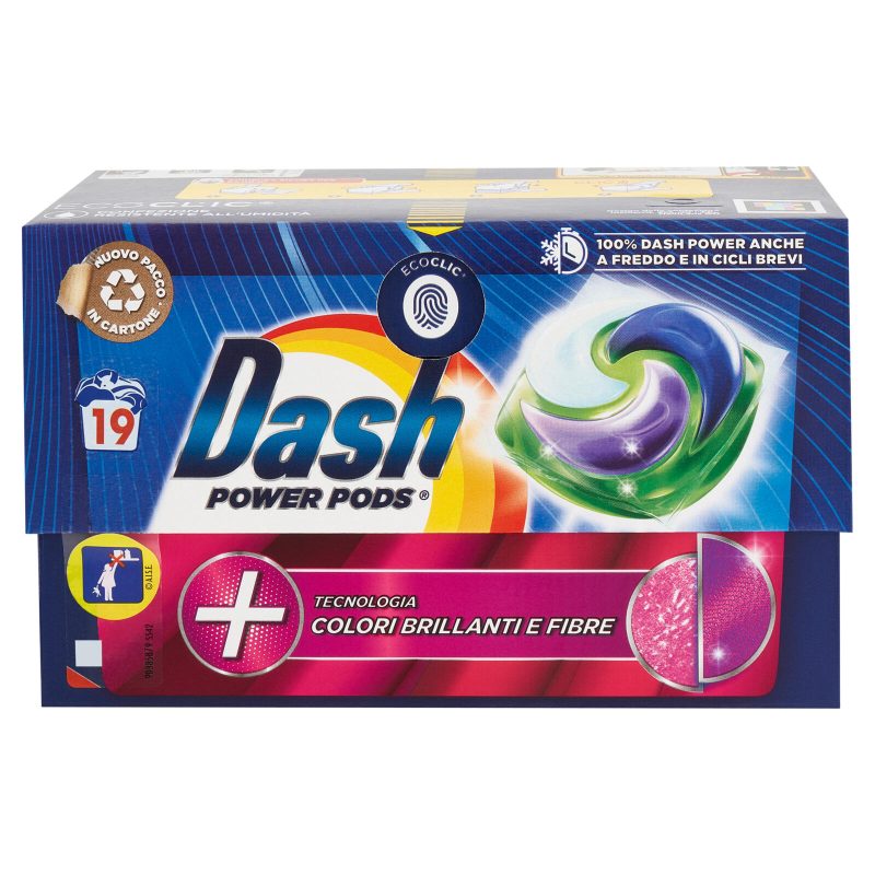 Dash Power Pods Detersivo Lavatrice Capsule, Tecnologia Colori Brillanti e Fibre, 19 Lavaggi 478,8 g