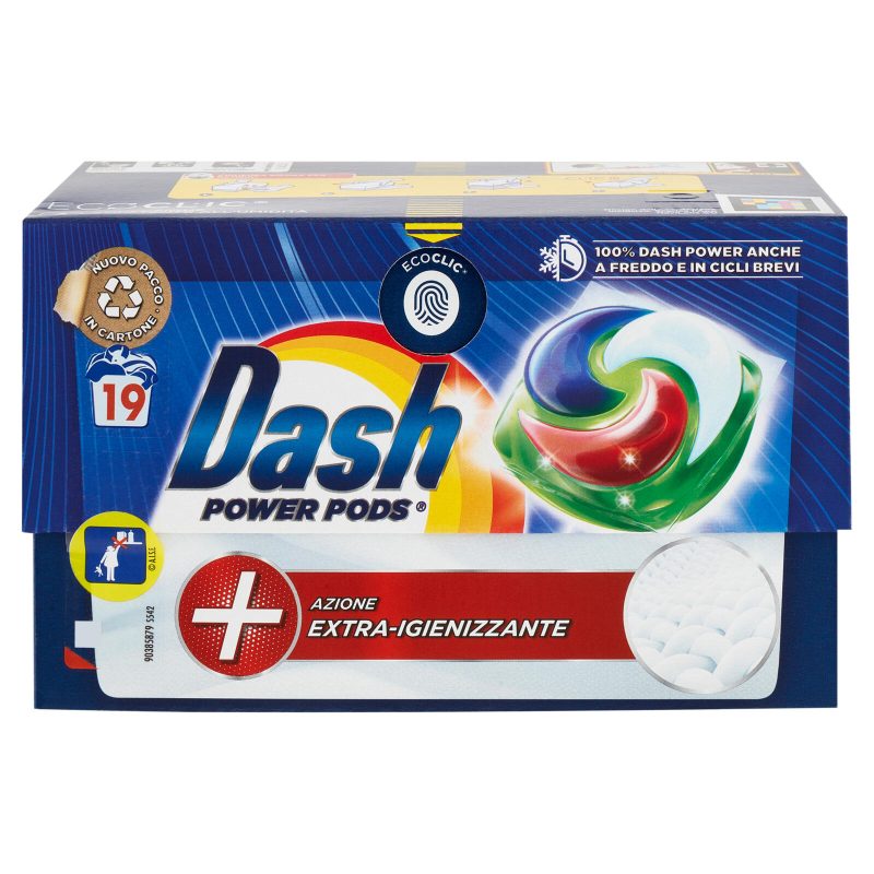 Dash Power Pods Detersivo Lavatrice In Capsule, Azione Extra-Igienizzante, 19 Lavaggi 488,3 g