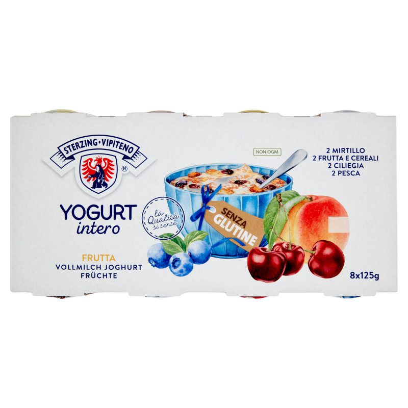 Sterzing Vipiteno Yogurt intero Frutta 2 Mirtillo, 2 Frutta e Cereali, 2 Ciliegia, 2 Pesca 8 x 125 g