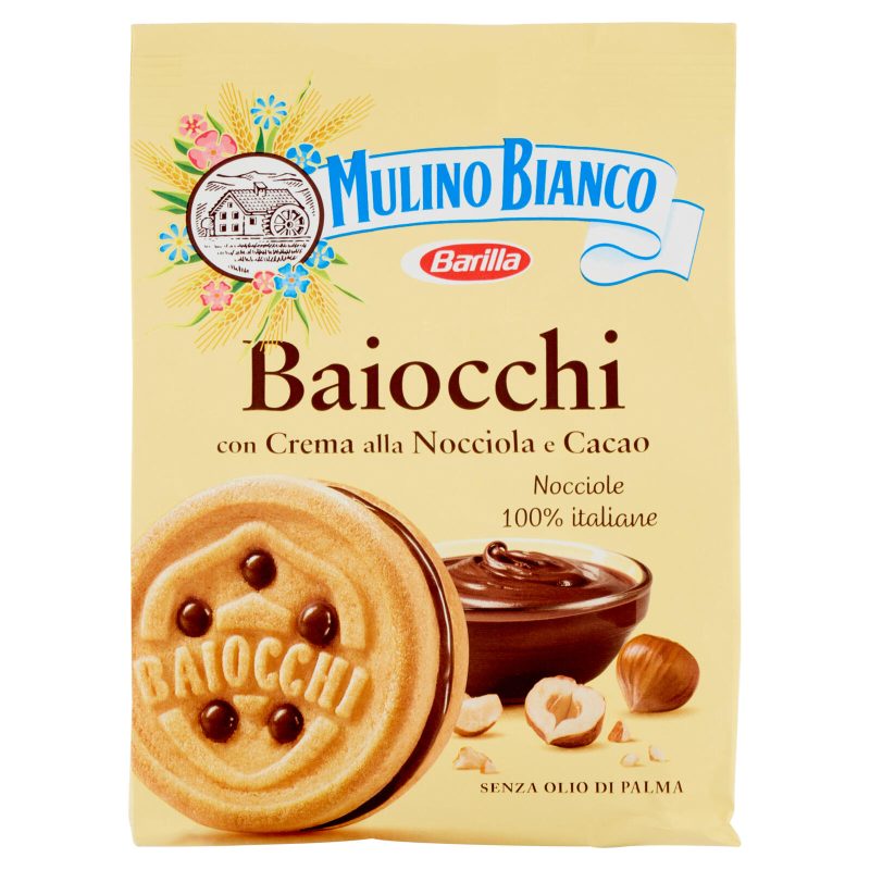 Mulino Bianco Baiocchi Biscotti Snack Farciti con Crema alla Nocciola e Cacao 260g