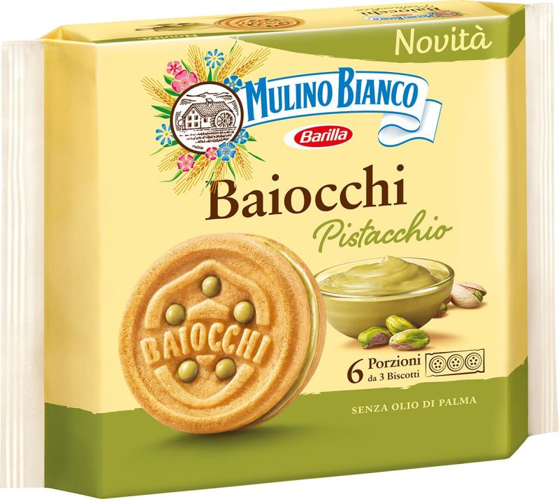 Mulino Bianco Baiocchi Biscotti Snack Farciti con Crema al Pistacchio 168g